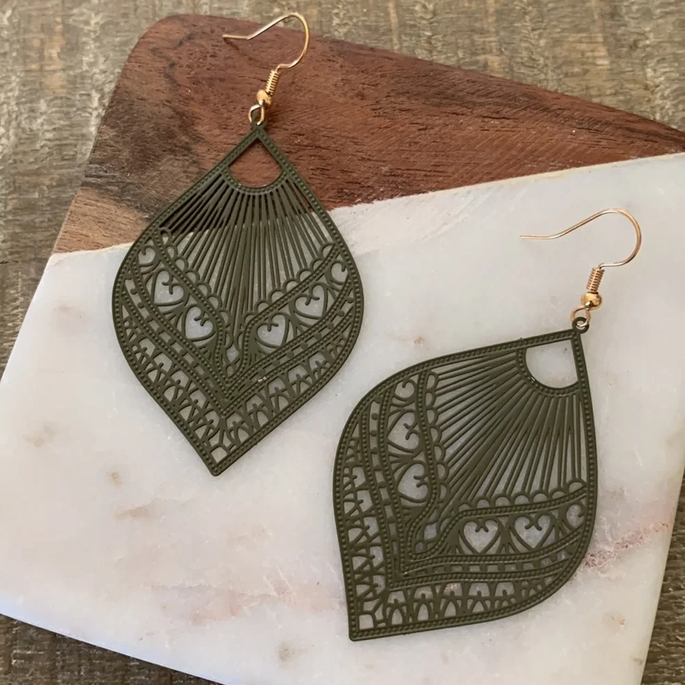 Army Green Filigree Drop Earrings - Picture 1 of 4